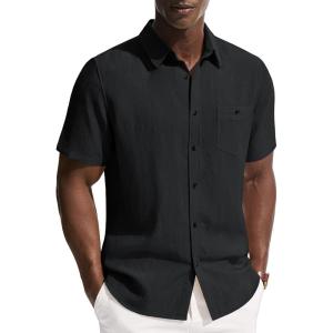 PJ PAUL JONES Mens Linen Shirts Short Sleeve Button Down Shirt Wrinkle Free Dress Shirt Casual Summer Shirt with Pocket(Black)