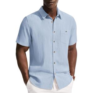 PJ PAUL JONES Mens Linen Shirts Short Sleeve Button Down Shirt Wrinkle Free Dress Shirt Casual Summer Shirt with Pocket(Blue)