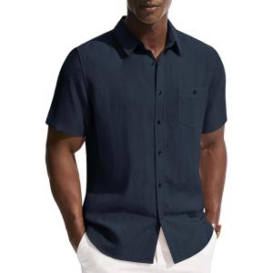 PJ PAUL JONES Mens Linen Shirts Short Sleeve Button Down Shirt Wrinkle Free Dress Shirt Casual Summer Shirt with Pocket(Navy Blue)