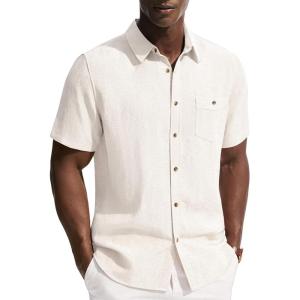PJ PAUL JONES Mens Linen Shirts Short Sleeve Button Down Shirt Wrinkle Free Dress Shirt Casual Summer Shirt with Pocket(White)