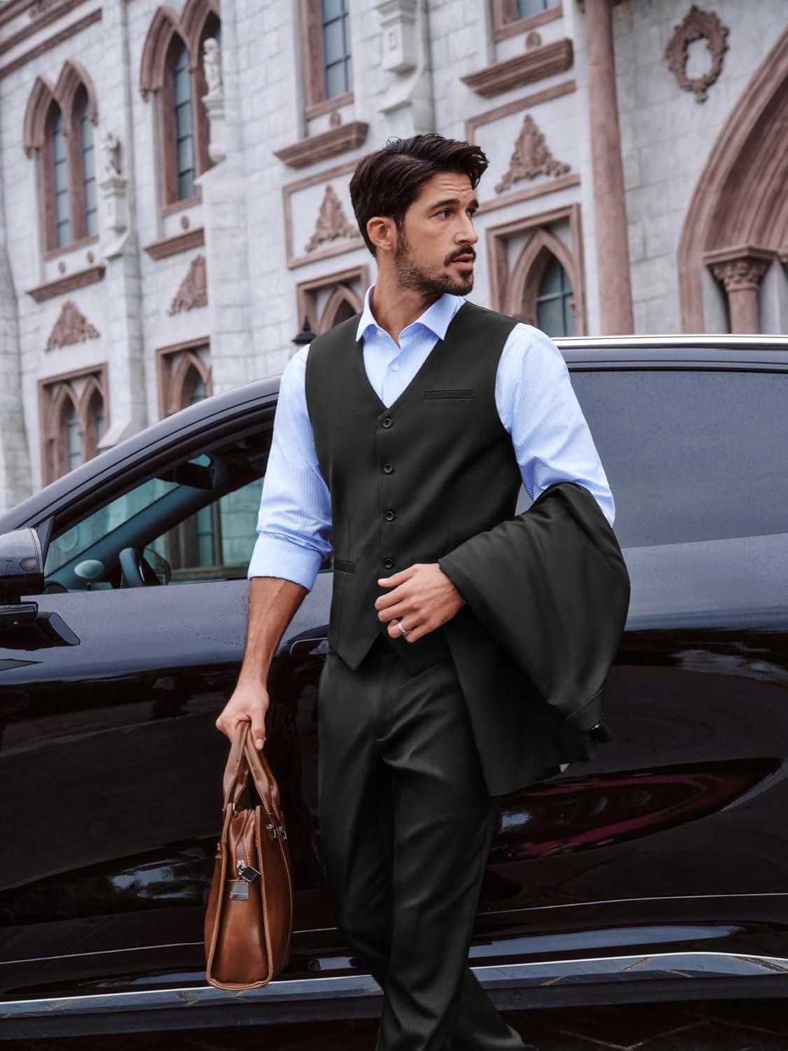 imagePJ PAUL JONES Mens Business Casual Vests Lightweight Slim Fit Suit WaistcoatBlack