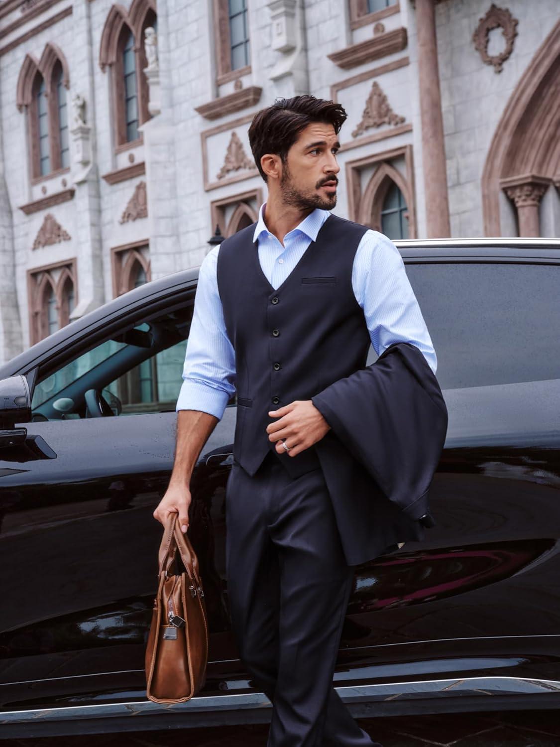 imagePJ PAUL JONES Mens Business Casual Vests Lightweight Slim Fit Suit WaistcoatDark Blue