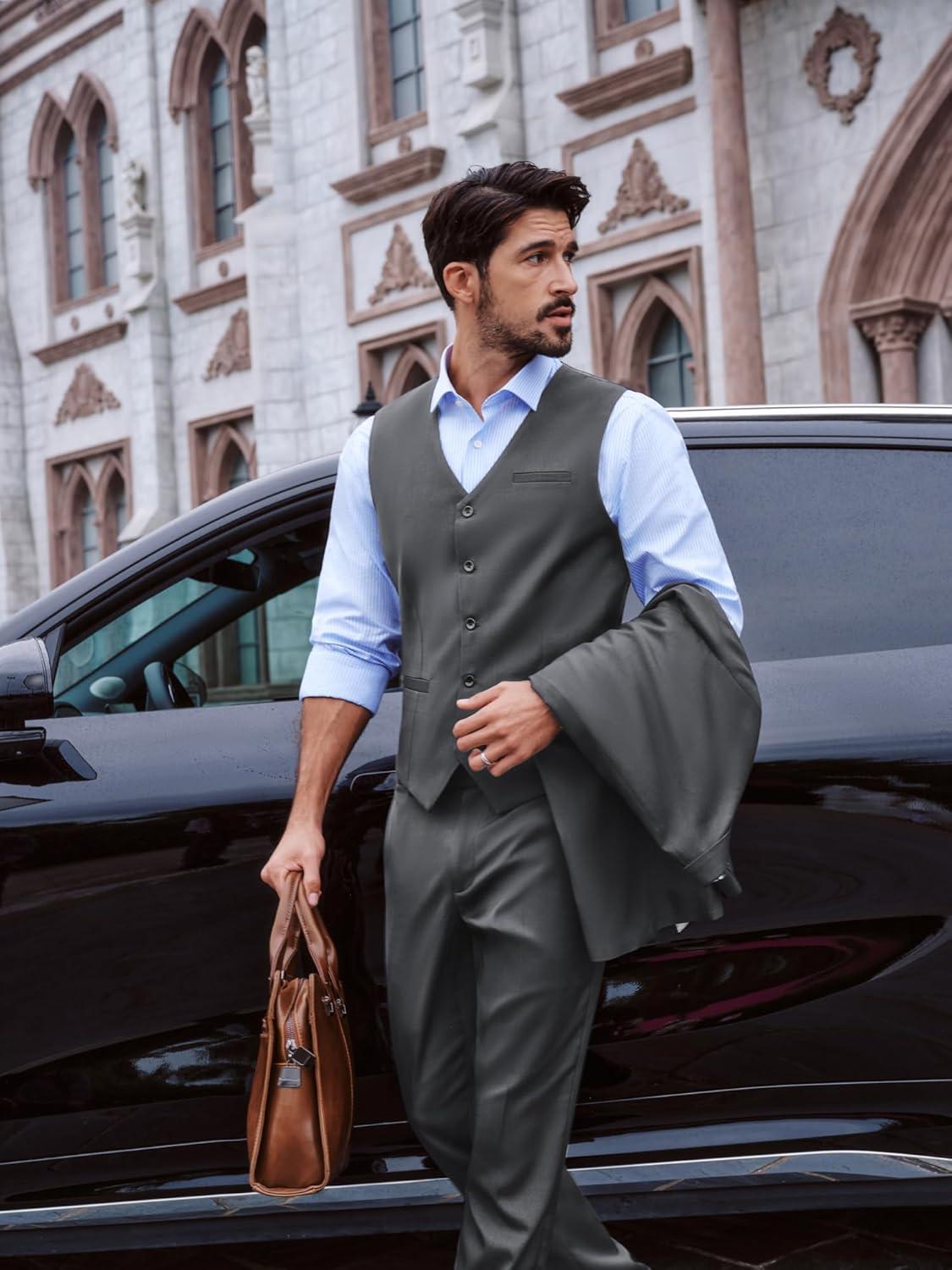 imagePJ PAUL JONES Mens Business Casual Vests Lightweight Slim Fit Suit WaistcoatGray