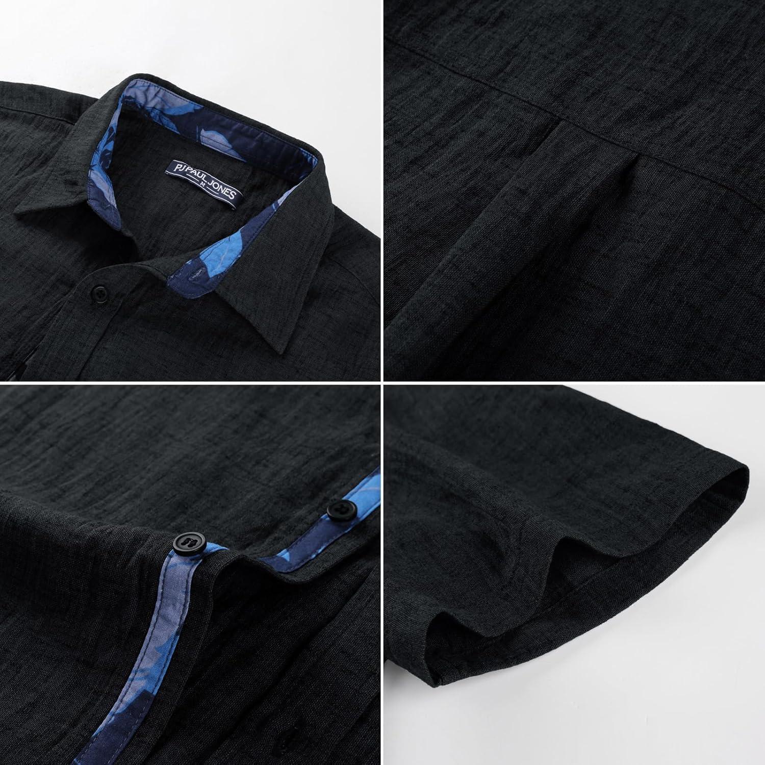 imagePJ PAUL JONES Mens Short Sleeve Button Down Shirt Casual Linen Summer Beach Wedding Dress ShirtBlack