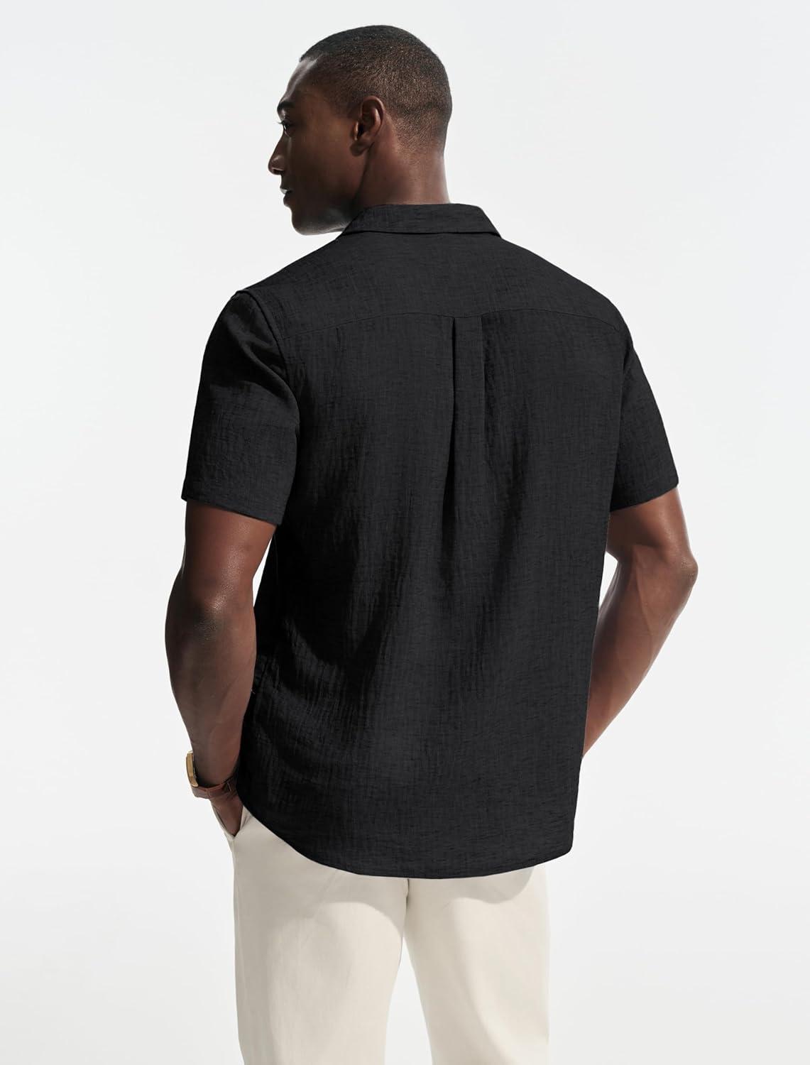 imagePJ PAUL JONES Mens Short Sleeve Button Down Shirt Casual Linen Summer Beach Wedding Dress ShirtBlack