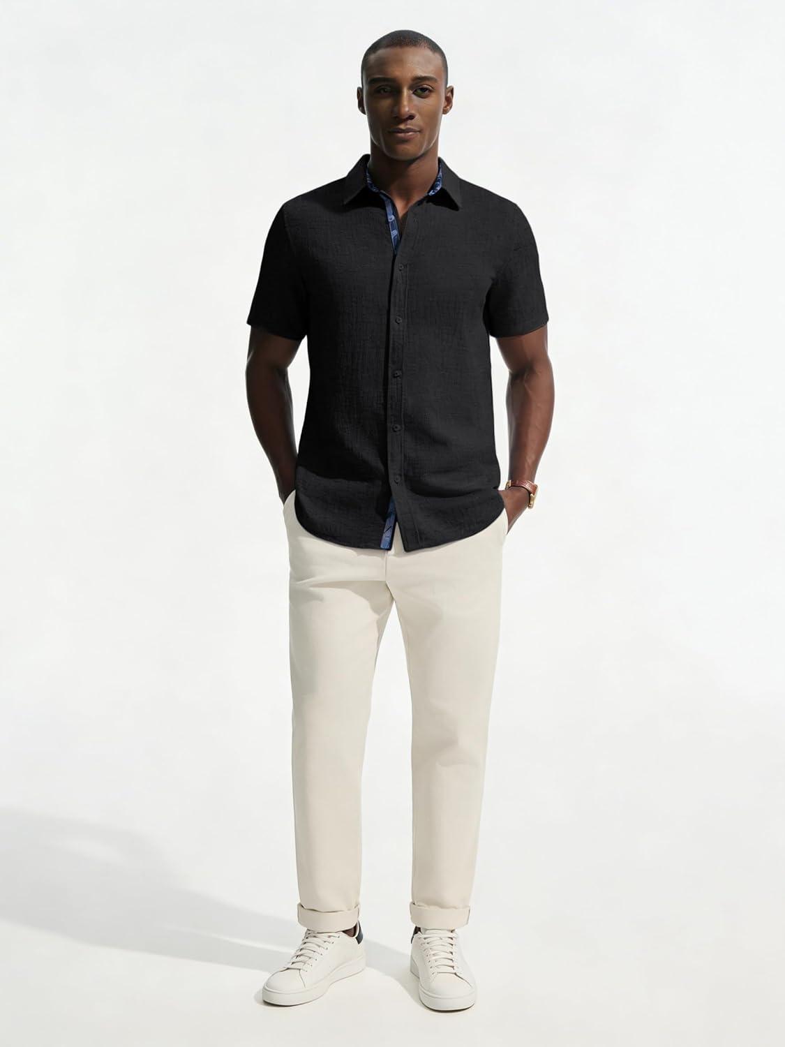 imagePJ PAUL JONES Mens Short Sleeve Button Down Shirt Casual Linen Summer Beach Wedding Dress ShirtBlack
