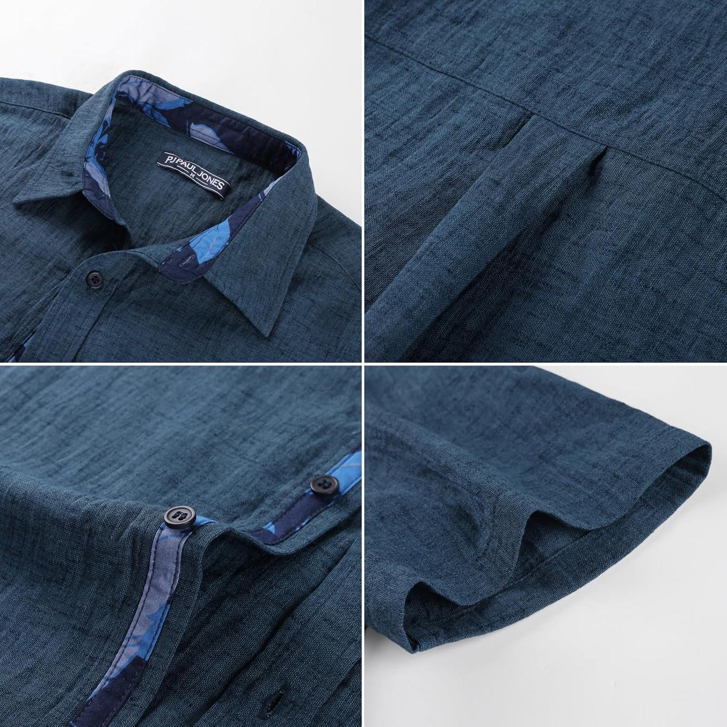 imagePJ PAUL JONES Mens Short Sleeve Button Down Shirt Casual Linen Summer Beach Wedding Dress ShirtNavy