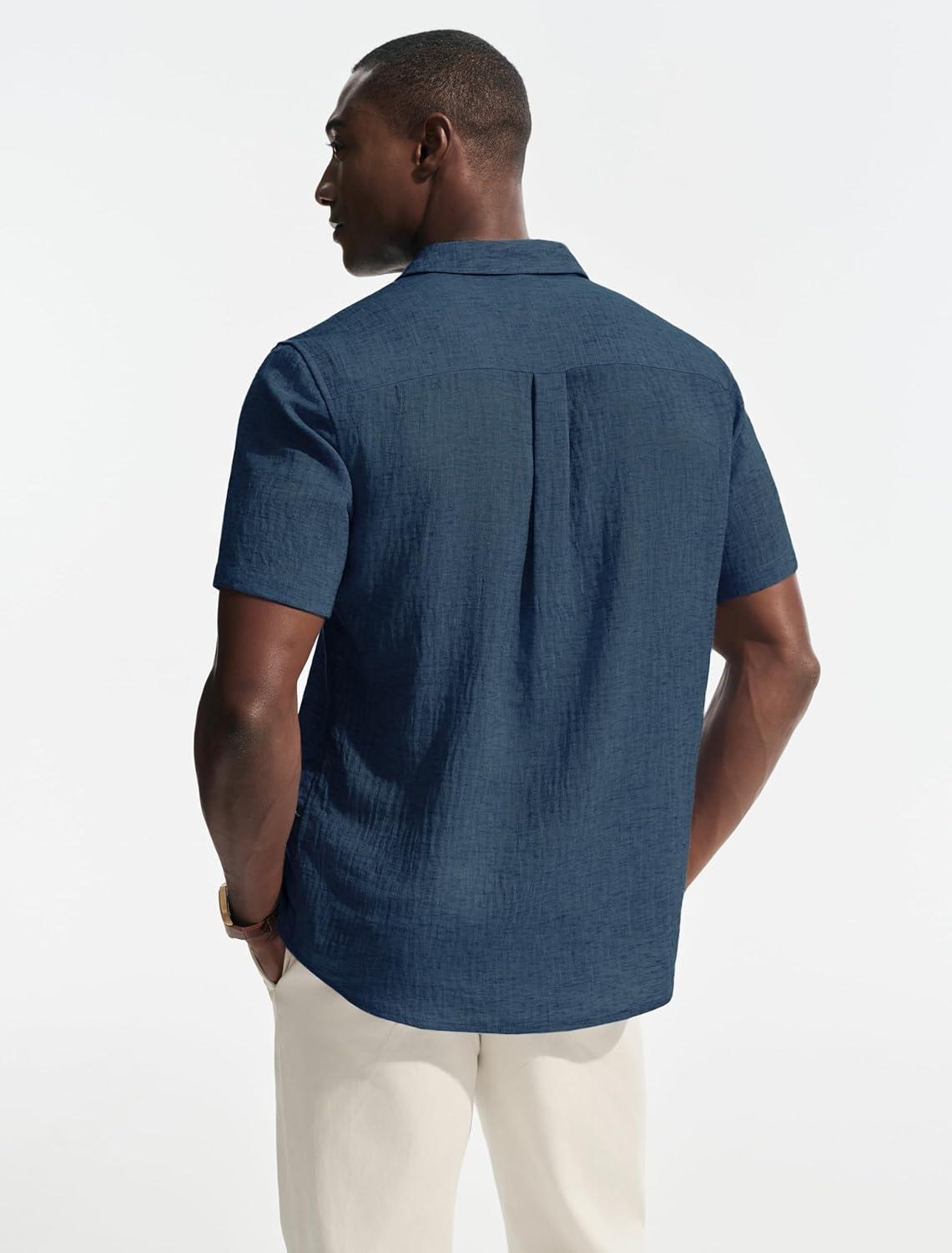 imagePJ PAUL JONES Mens Short Sleeve Button Down Shirt Casual Linen Summer Beach Wedding Dress ShirtNavy
