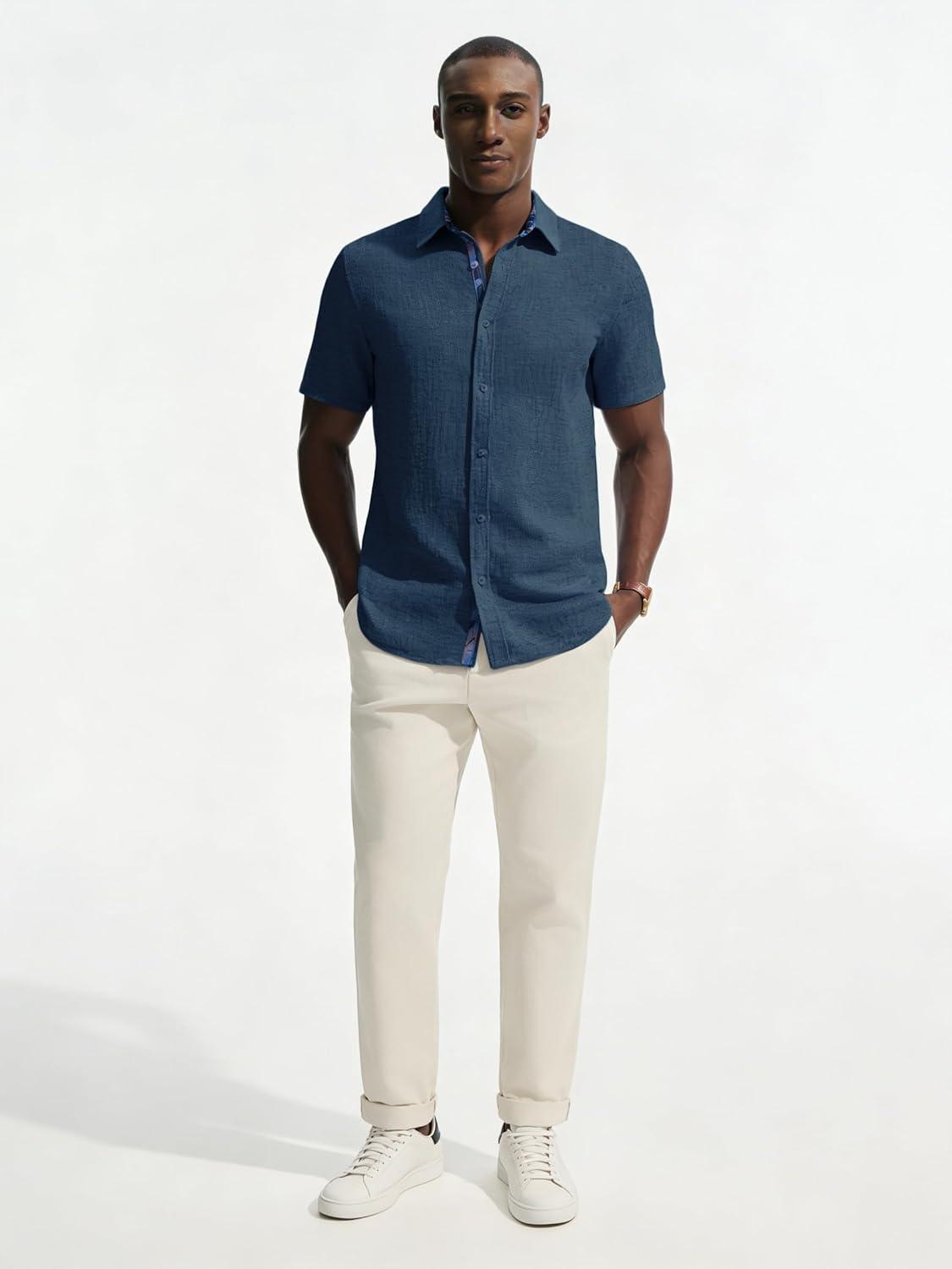 imagePJ PAUL JONES Mens Short Sleeve Button Down Shirt Casual Linen Summer Beach Wedding Dress ShirtNavy