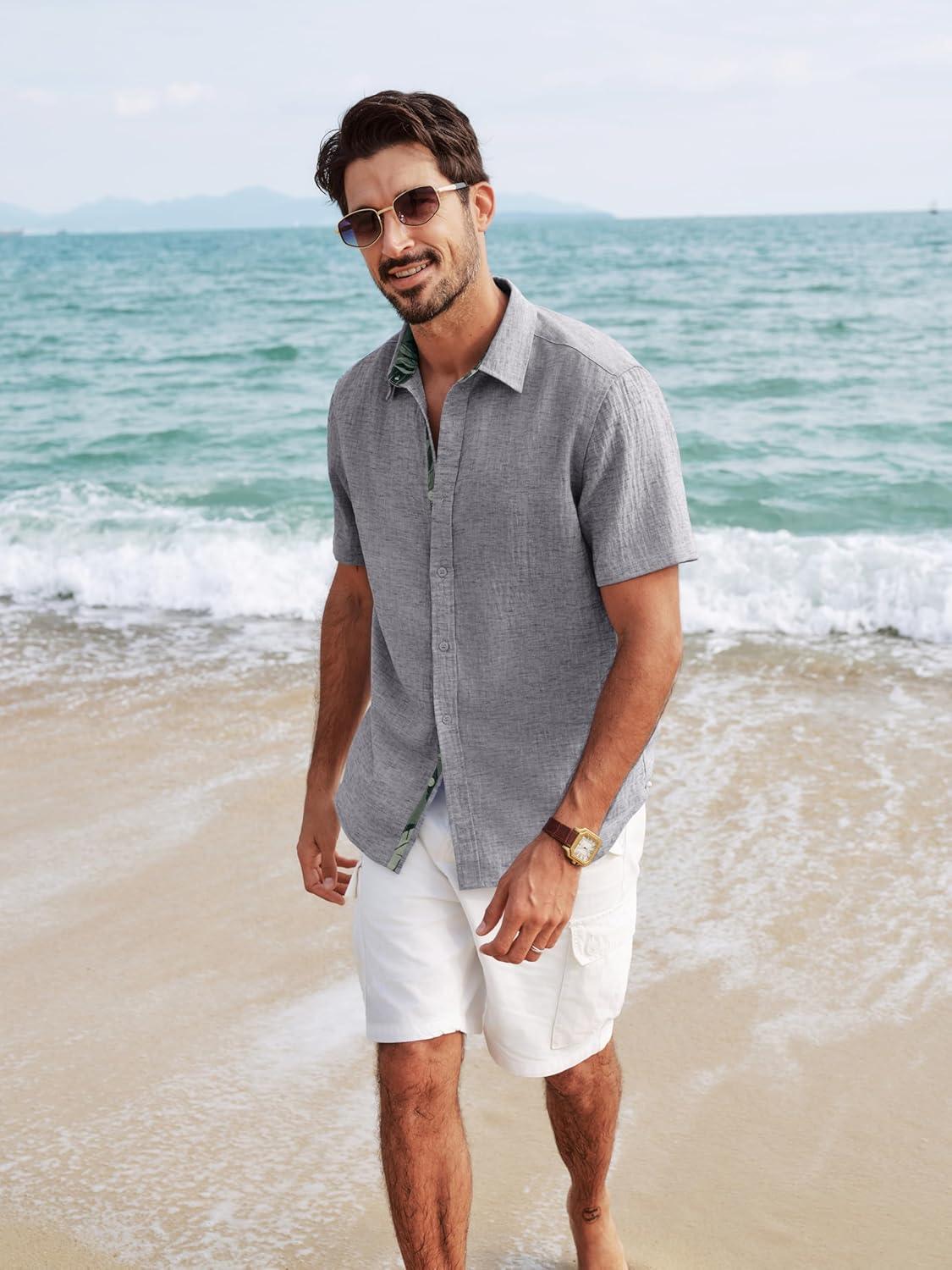 imagePJ PAUL JONES Mens Short Sleeve Button Down Shirt Casual Linen Summer Beach Wedding Dress ShirtSilver Gray