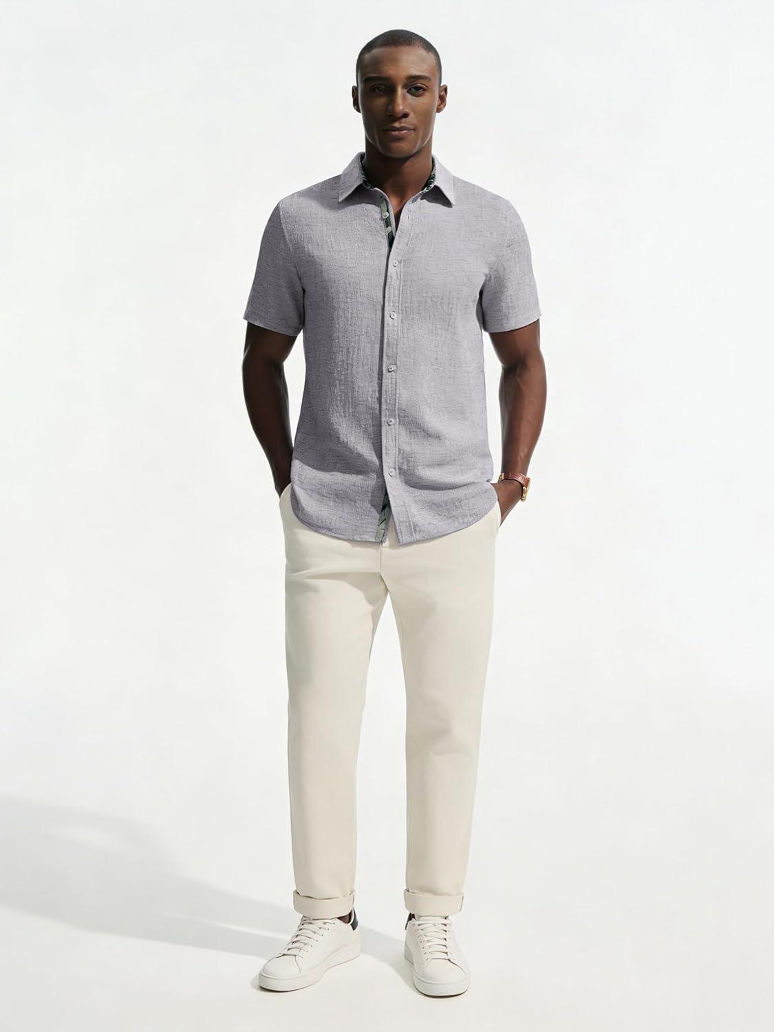 imagePJ PAUL JONES Mens Short Sleeve Button Down Shirt Casual Linen Summer Beach Wedding Dress ShirtSilver Gray
