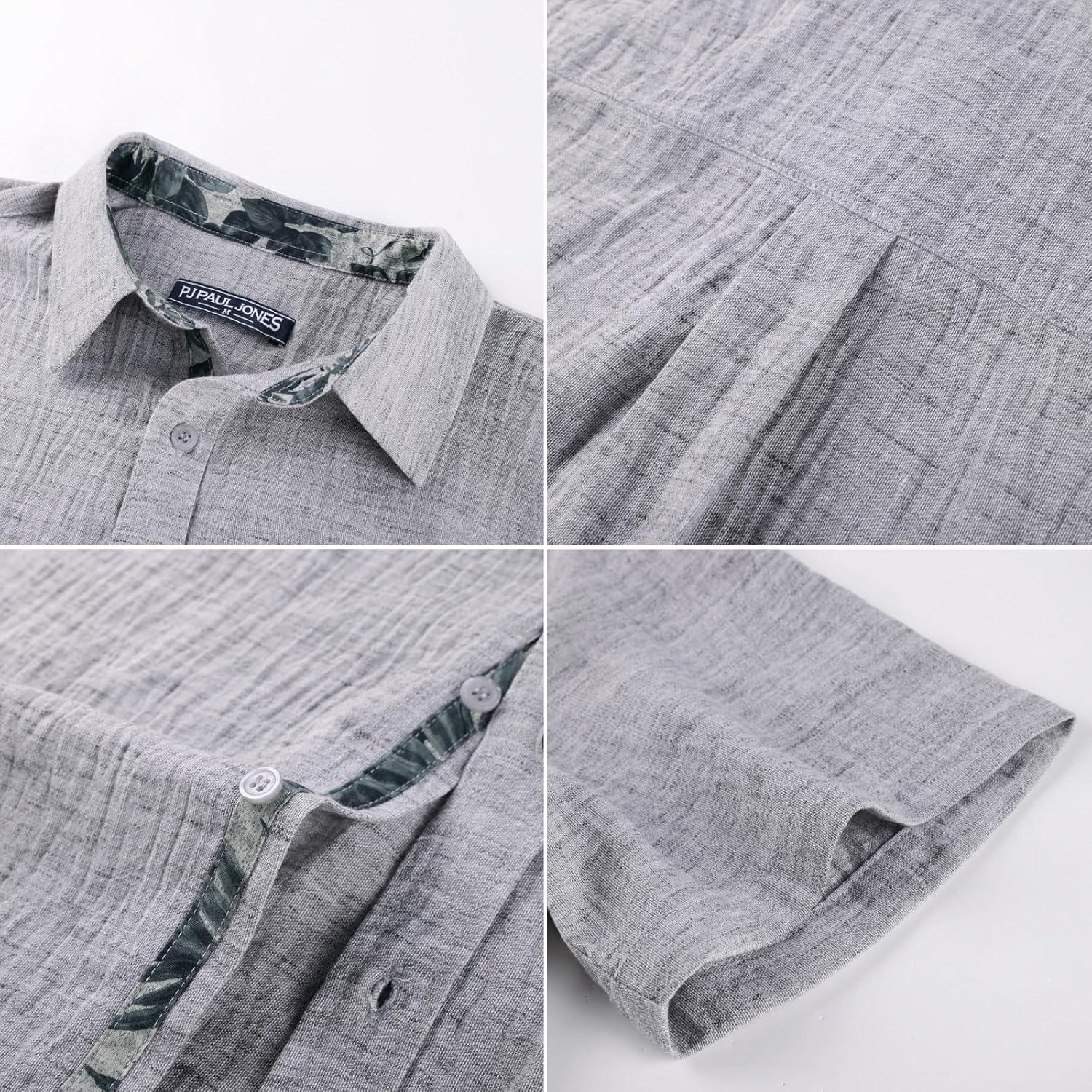imagePJ PAUL JONES Mens Short Sleeve Button Down Shirt Casual Linen Summer Beach Wedding Dress ShirtSilver Gray