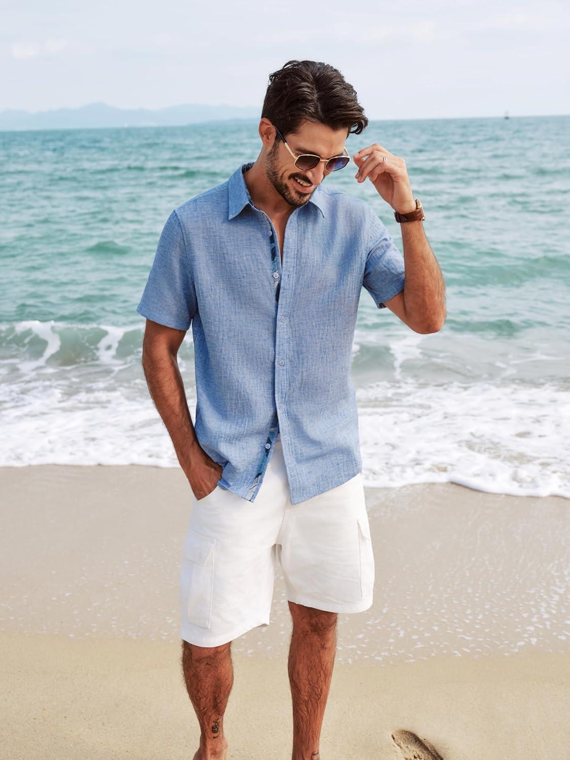 imagePJ PAUL JONES Mens Short Sleeve Button Down Shirt Casual Linen Summer Beach Wedding Dress ShirtSky Blue