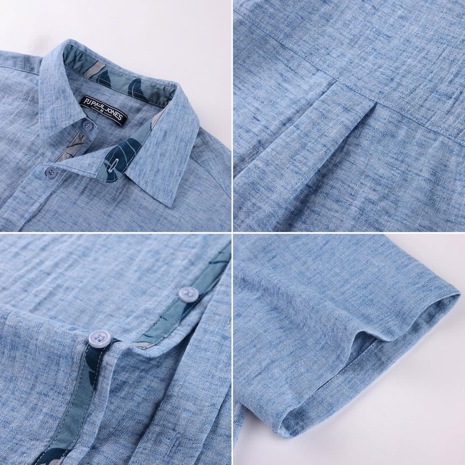 imagePJ PAUL JONES Mens Short Sleeve Button Down Shirt Casual Linen Summer Beach Wedding Dress ShirtSky Blue