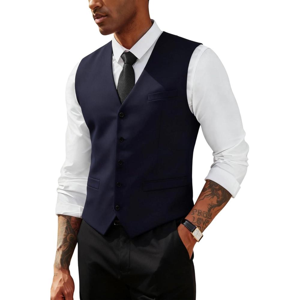imagePJ PAUL JONES Mens Business Casual Vests Lightweight Slim Fit Suit WaistcoatDark Blue