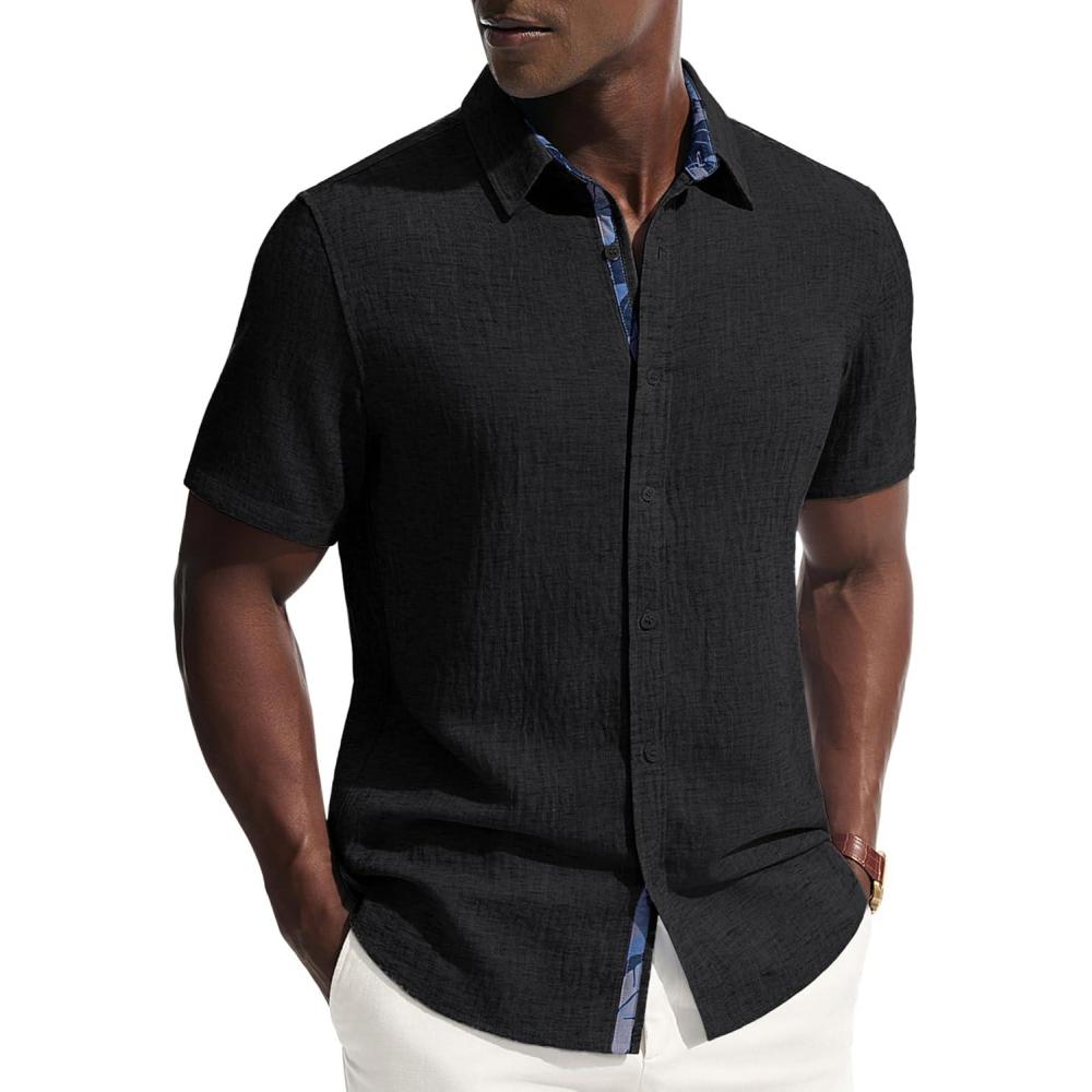 imagePJ PAUL JONES Mens Short Sleeve Button Down Shirt Casual Linen Summer Beach Wedding Dress ShirtBlack