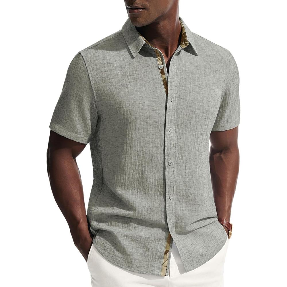 imagePJ PAUL JONES Mens Short Sleeve Button Down Shirt Casual Linen Summer Beach Wedding Dress ShirtGray Green