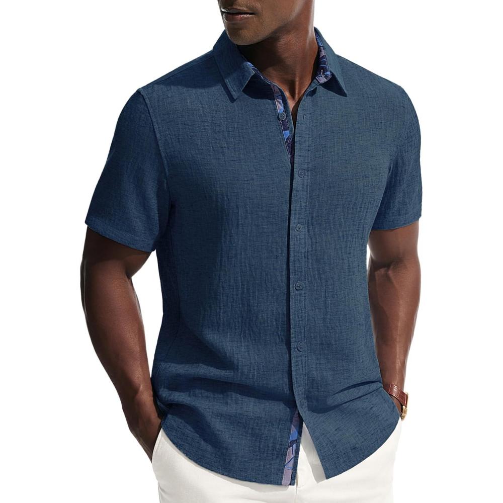 imagePJ PAUL JONES Mens Short Sleeve Button Down Shirt Casual Linen Summer Beach Wedding Dress ShirtNavy