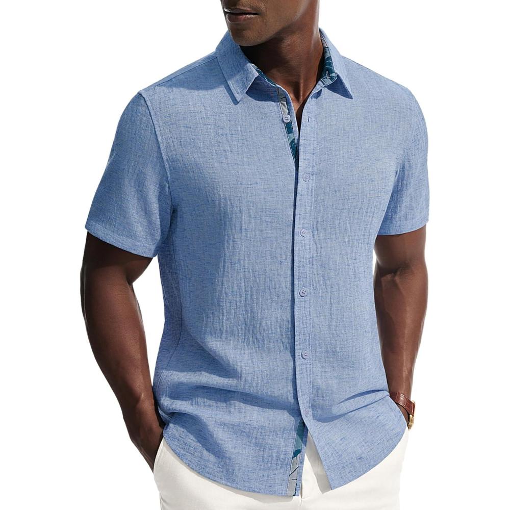 imagePJ PAUL JONES Mens Short Sleeve Button Down Shirt Casual Linen Summer Beach Wedding Dress ShirtSky Blue