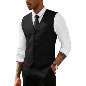 PJ PAUL JONES Men’s Business Casual Vests Lightweight Slim Fit Suit Waistcoat(Black)