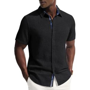 PJ PAUL JONES Men’s Short Sleeve Button Down Shirt Casual Linen Summer Beach Wedding Dress Shirt(Black)