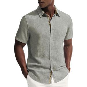 PJ PAUL JONES Men’s Short Sleeve Button Down Shirt Casual Linen Summer Beach Wedding Dress Shirt(Gray Green)