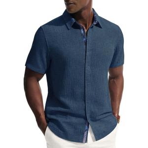 PJ PAUL JONES Men’s Short Sleeve Button Down Shirt Casual Linen Summer Beach Wedding Dress Shirt(Navy)
