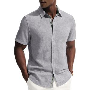 PJ PAUL JONES Men’s Short Sleeve Button Down Shirt Casual Linen Summer Beach Wedding Dress Shirt(Silver Gray)