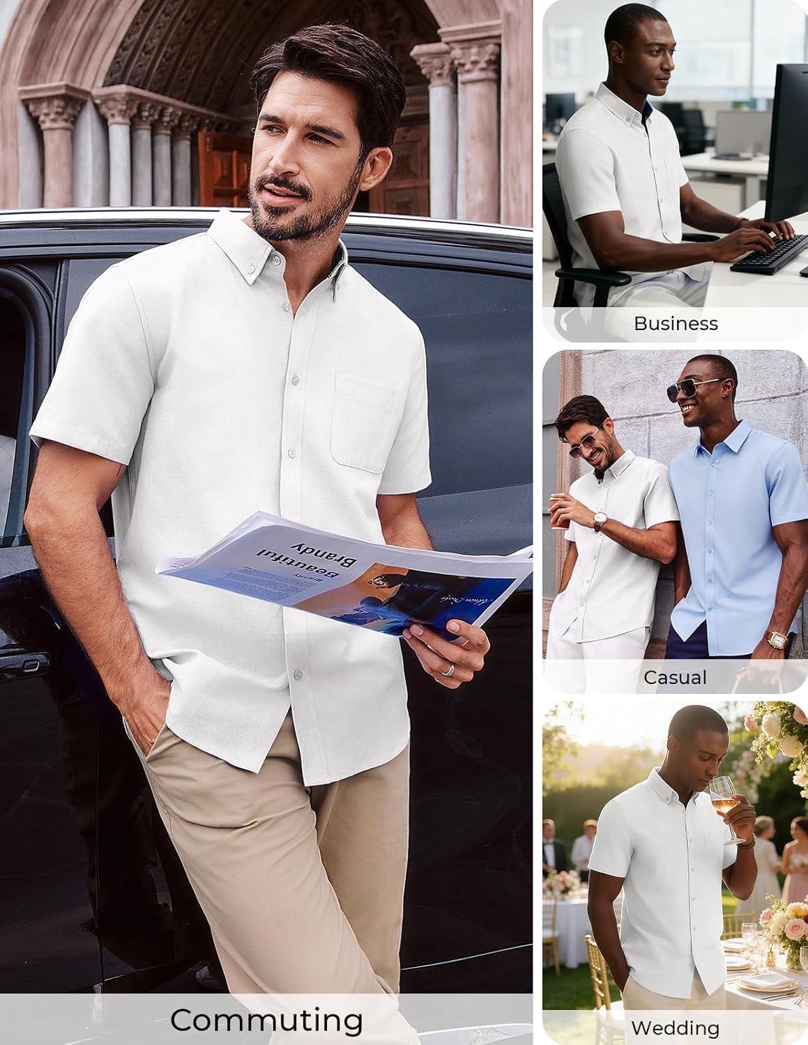 imagePJ PAUL JONES Mens Dress Shirts Oxford Button Down Shirt Short Sleeve Business Casual Untucked Shirts with PocketWhite