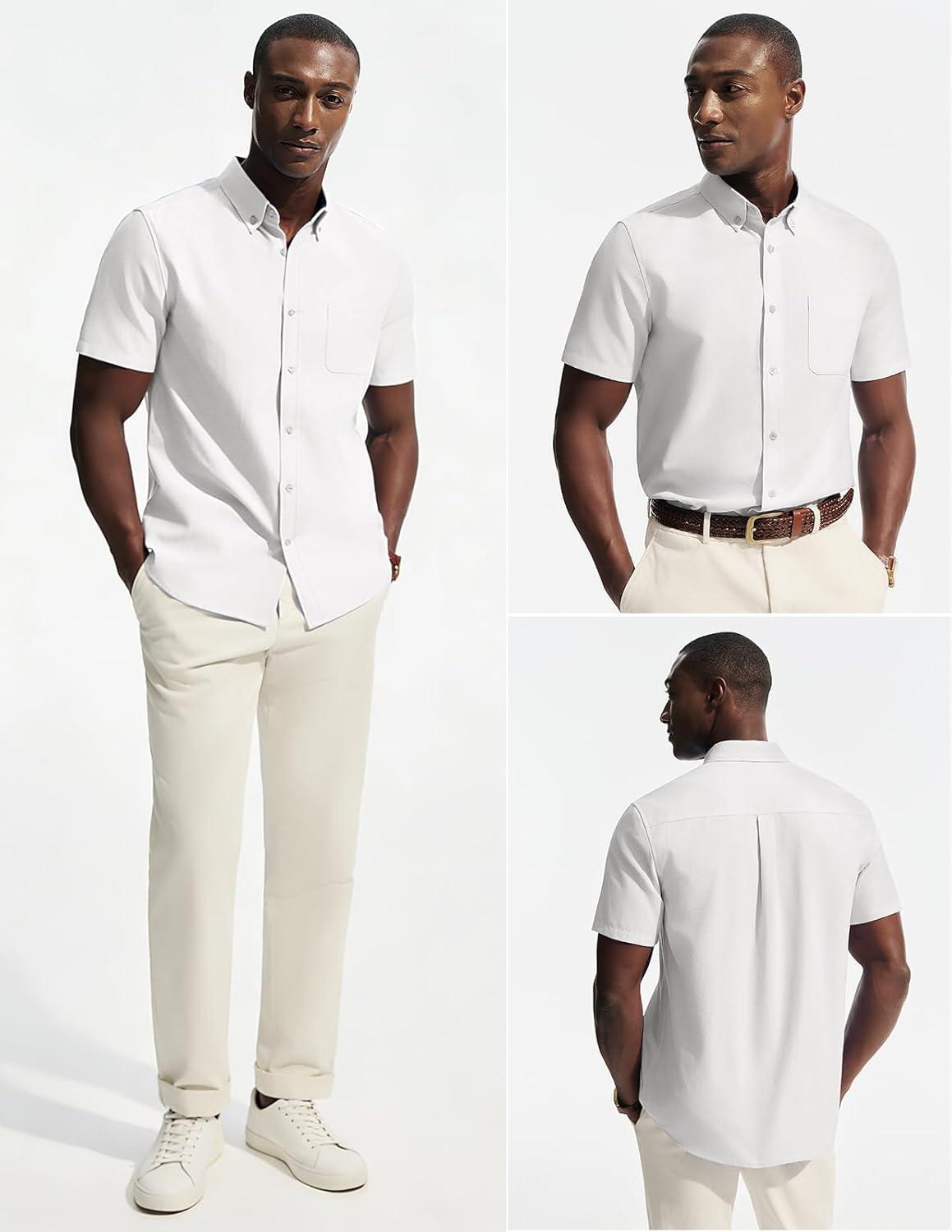 imagePJ PAUL JONES Mens Dress Shirts Oxford Button Down Shirt Short Sleeve Business Casual Untucked Shirts with PocketWhite