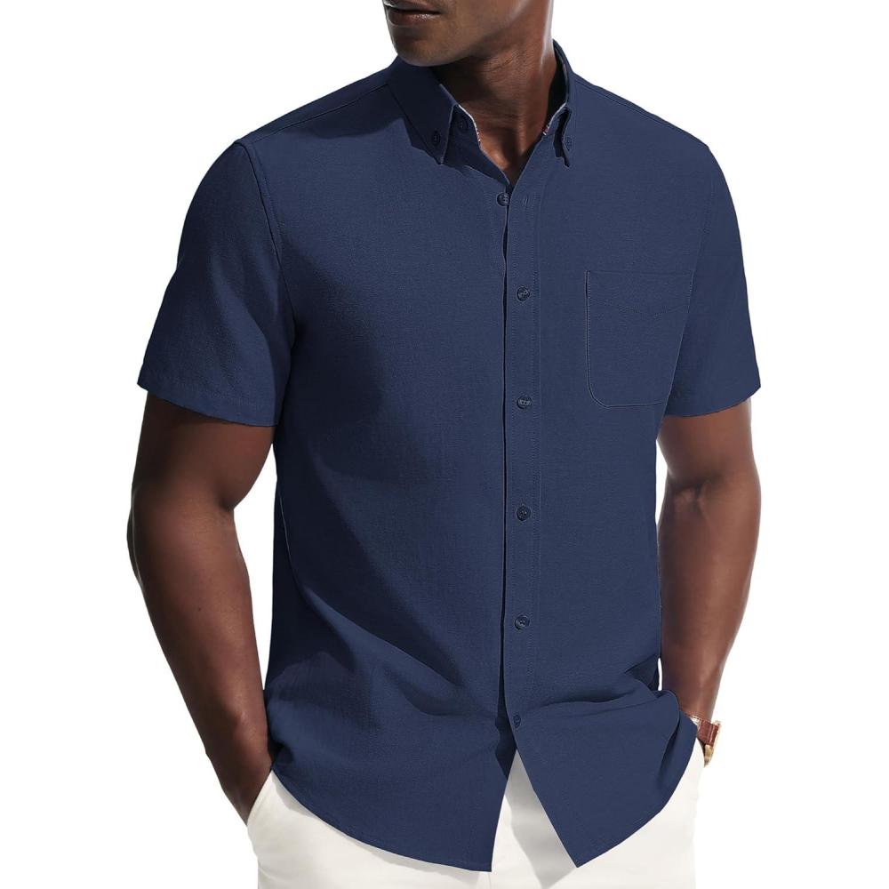 imagePJ PAUL JONES Mens Dress Shirts Oxford Button Down Shirt Short Sleeve Business Casual Untucked Shirts with PocketNavy Blue