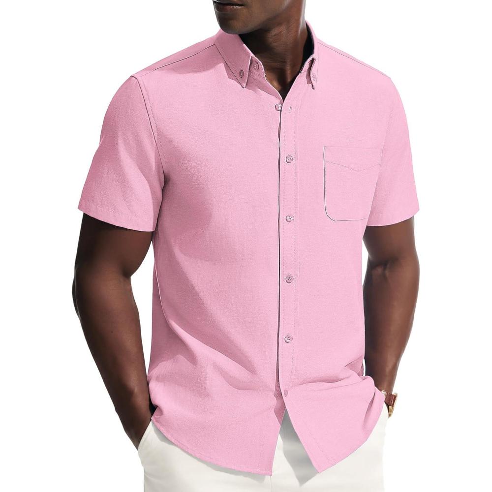 imagePJ PAUL JONES Mens Dress Shirts Oxford Button Down Shirt Short Sleeve Business Casual Untucked Shirts with PocketPink