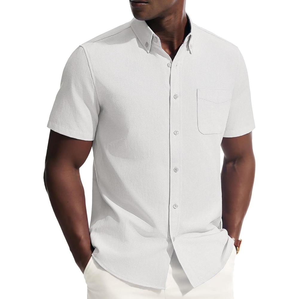 imagePJ PAUL JONES Mens Dress Shirts Oxford Button Down Shirt Short Sleeve Business Casual Untucked Shirts with PocketWhite