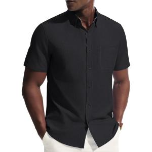 PJ PAUL JONES Mens Dress Shirts Oxford Button Down Shirt Short Sleeve Business Casual Untucked Shirts with Pocket(Black)