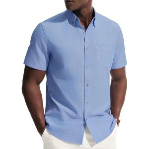 PJ PAUL JONES Mens Dress Shirts Oxford Button Down Shirt Short Sleeve Business Casual Untucked Shirts with Pocket(Blue)