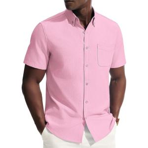PJ PAUL JONES Mens Dress Shirts Oxford Button Down Shirt Short Sleeve Business Casual Untucked Shirts with Pocket(Pink)