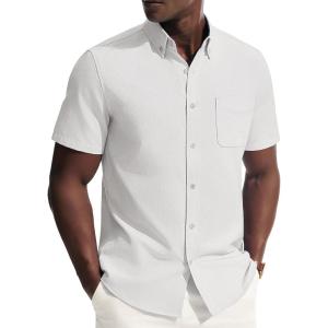 PJ PAUL JONES Mens Dress Shirts Oxford Button Down Shirt Short Sleeve Business Casual Untucked Shirts with Pocket(White)