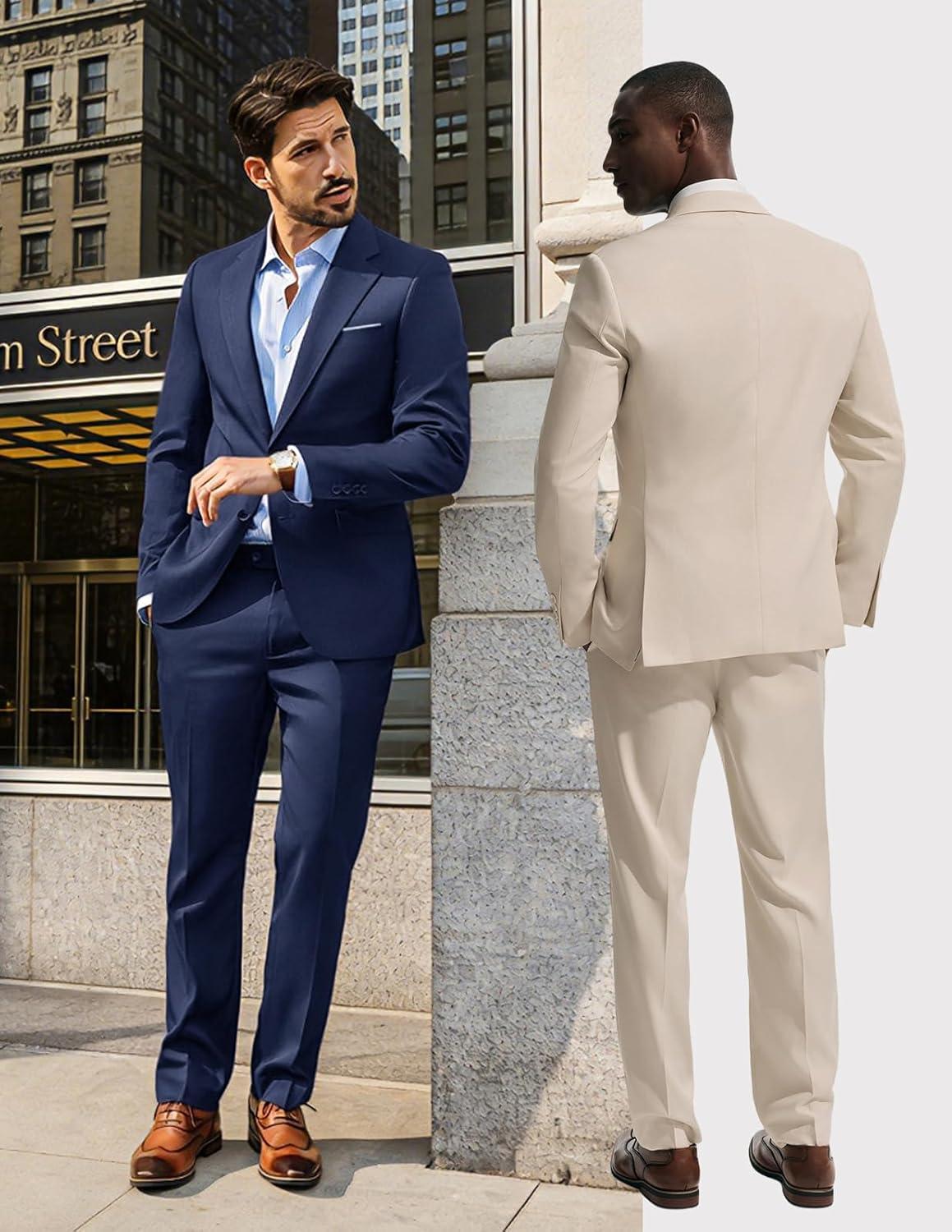 imagePJ PAUL JONES Mens Suit 2 Piece Classic Fit Suits Two Button Casual Blazer Suit Sets Business Dress Suit Party WedddingBlue