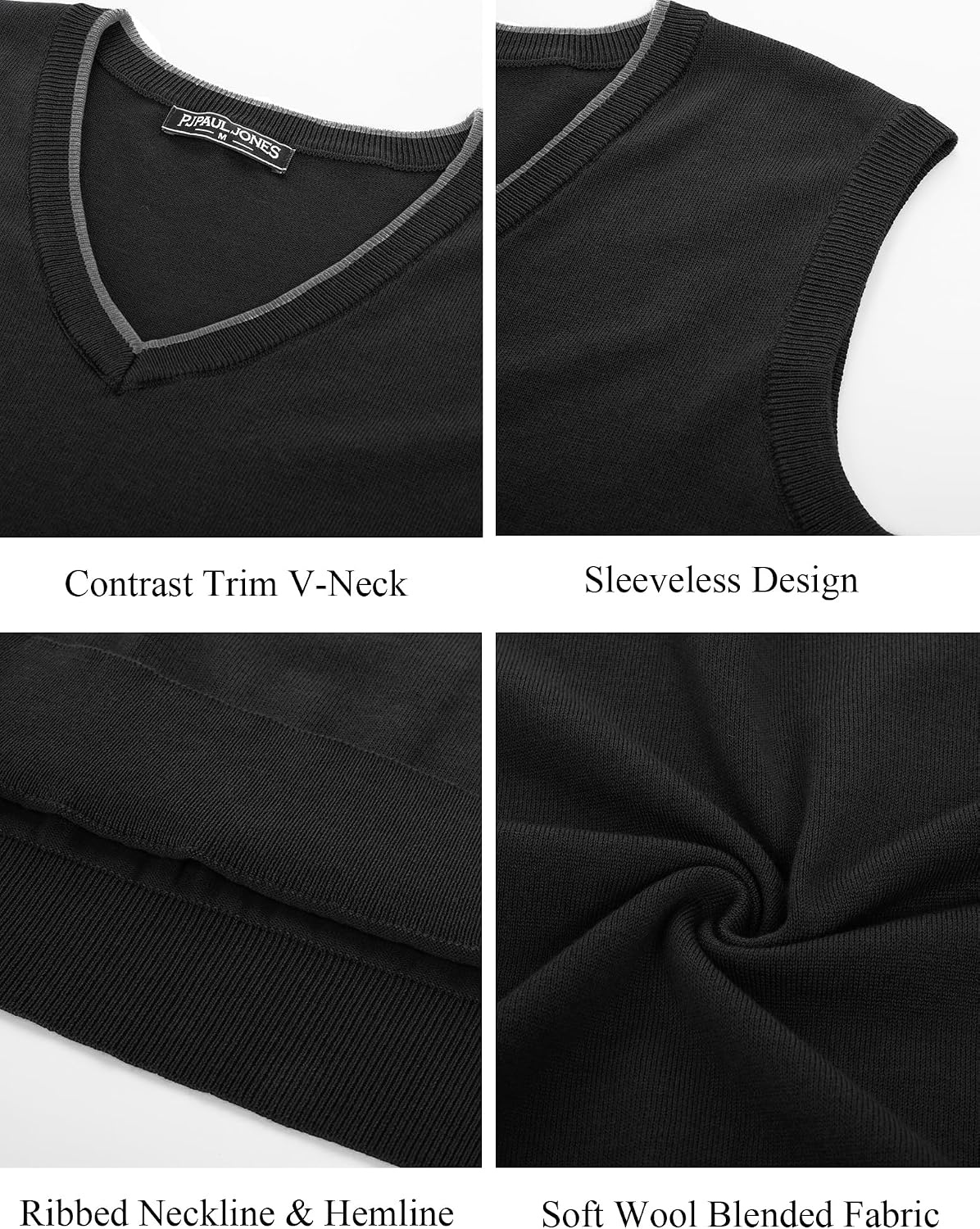 image:imagePJ PAUL JONES Mens Sweater Vest Wool Blended Knit Pullover Vests Casual Contrast Vneck Collar Ribbed Hem Regular Fit Sleeveless Merino Solid Color Soft Cozy Basic Versatile DurableBlack