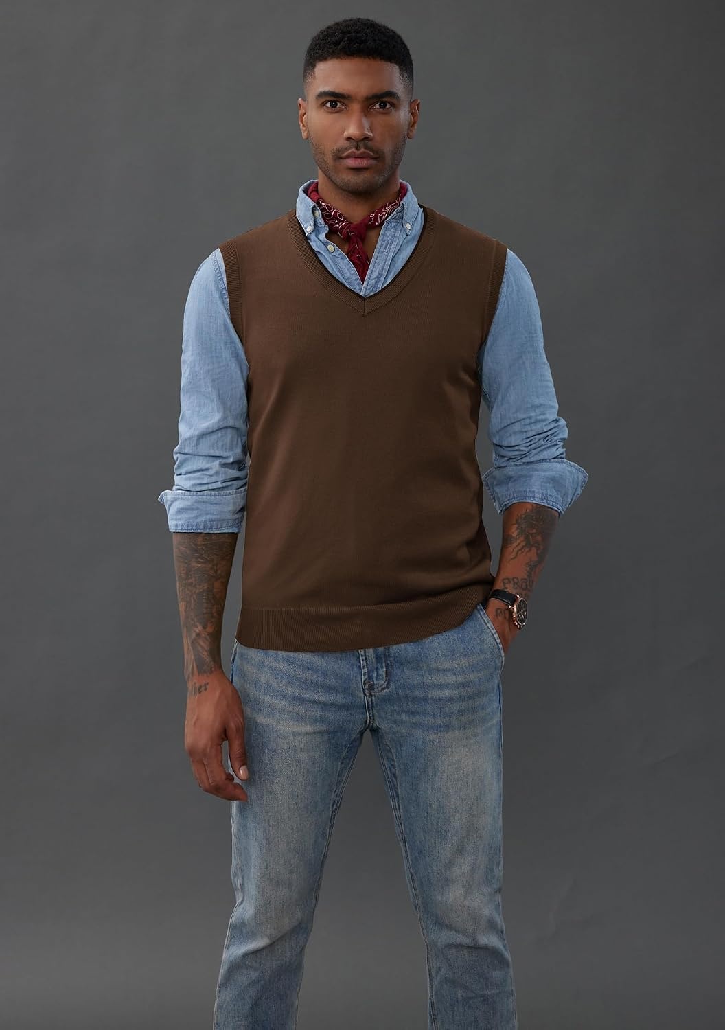 image:imagePJ PAUL JONES Mens Sweater Vest Wool Blended Knit Pullover Vests Casual Contrast Vneck Collar Ribbed Hem Regular Fit Sleeveless Merino Solid Color Soft Cozy Basic Versatile DurableCoffee