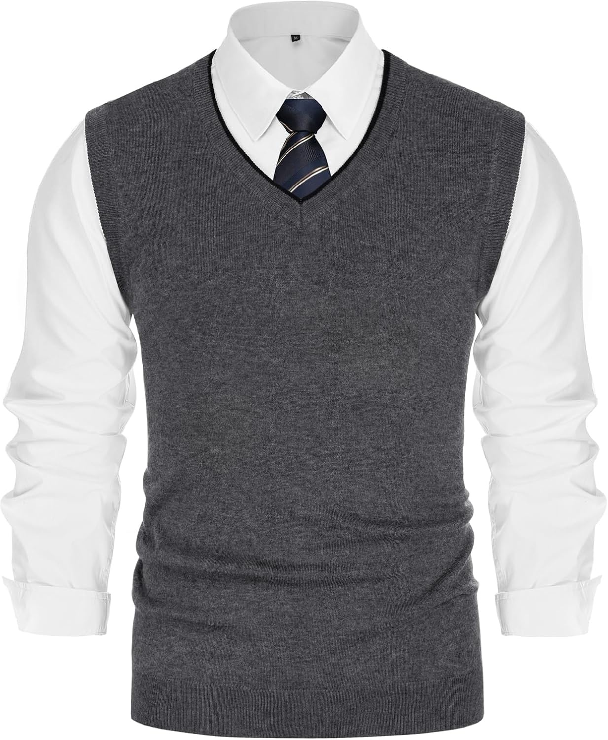 image:imagePJ PAUL JONES Mens Sweater Vest Wool Blended Knit Pullover Vests Casual Contrast Vneck Collar Ribbed Hem Regular Fit Sleeveless Merino Solid Color Soft Cozy Basic Versatile DurableDark Gray