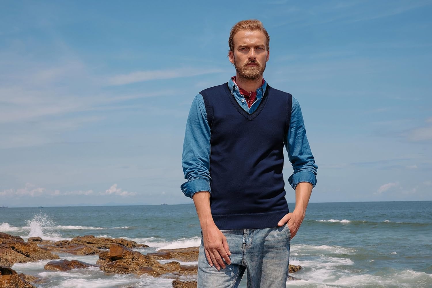 image:imagePJ PAUL JONES Mens Sweater Vest Wool Blended Knit Pullover Vests Casual Contrast Vneck Collar Ribbed Hem Regular Fit Sleeveless Merino Solid Color Soft Cozy Basic Versatile DurableNavy Blue