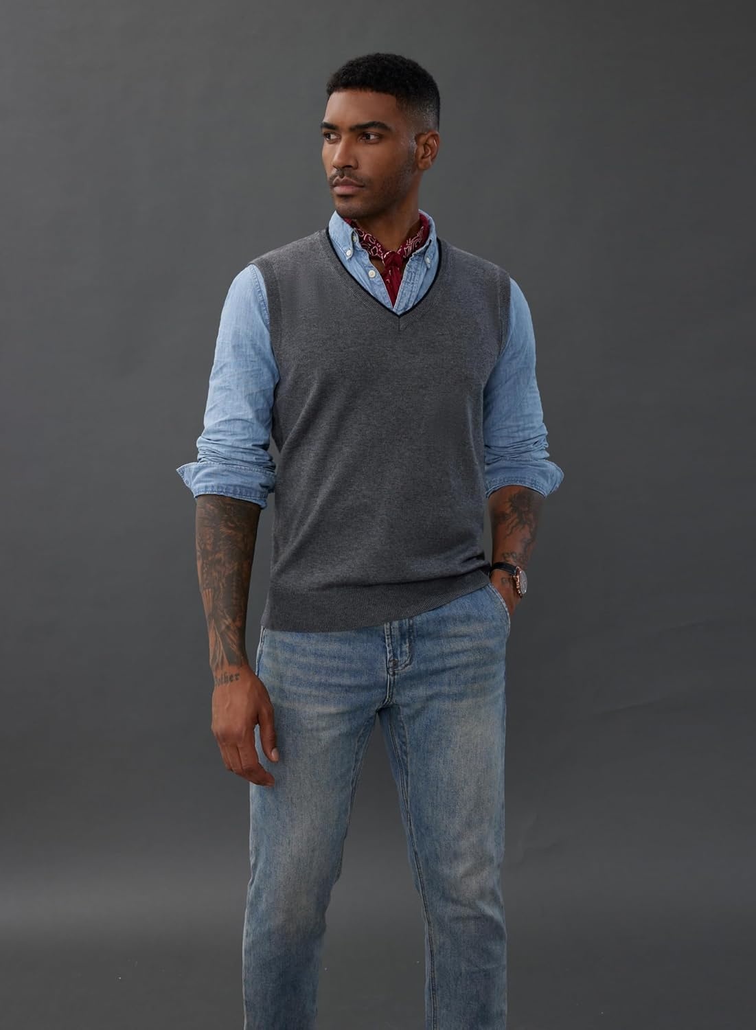 image:imagePJ PAUL JONES Mens Sweater Vest Wool Blended Knit Pullover Vests Casual Contrast Vneck Collar Ribbed Hem Regular Fit Sleeveless Merino Solid Color Soft Cozy Basic Versatile DurableDark Gray