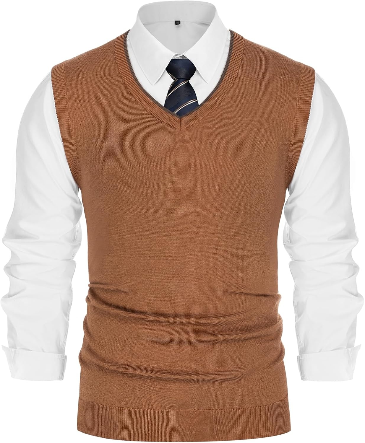 image:imagePJ PAUL JONES Mens Sweater Vest Wool Blended Knit Pullover Vests Casual Contrast Vneck Collar Ribbed Hem Regular Fit Sleeveless Merino Solid Color Soft Cozy Basic Versatile DurableBrown