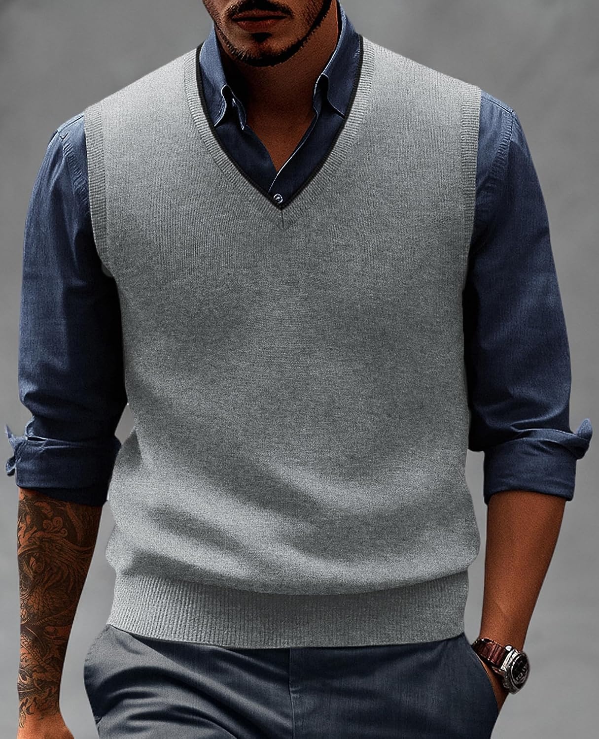 image:imagePJ PAUL JONES Mens Sweater Vest Wool Blended Knit Pullover Vests Casual Contrast Vneck Collar Ribbed Hem Regular Fit Sleeveless Merino Solid Color Soft Cozy Basic Versatile DurableLight Grey