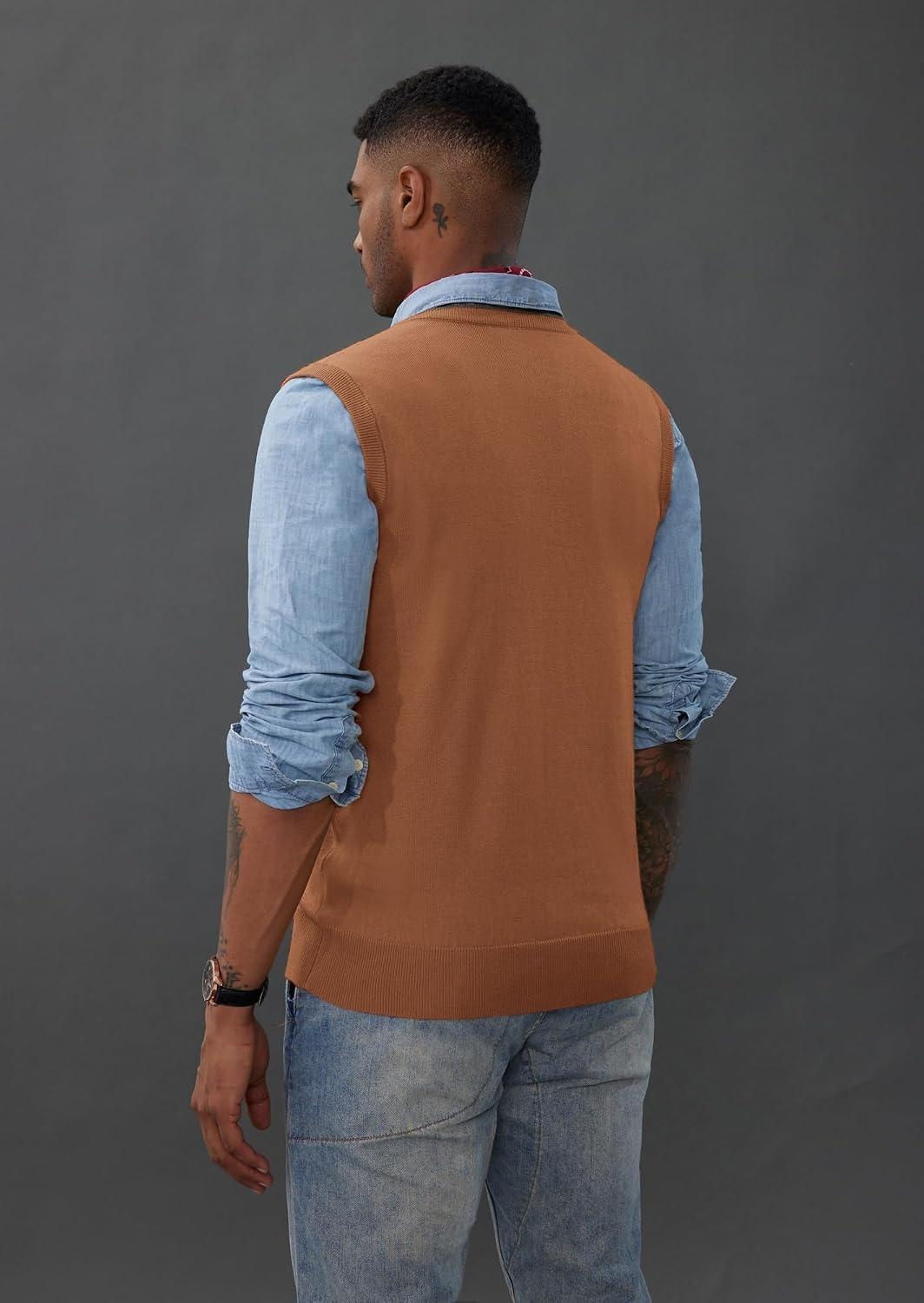 image:imagePJ PAUL JONES Mens Sweater Vest Wool Blended Knit Pullover Vests Casual Contrast Vneck Collar Ribbed Hem Regular Fit Sleeveless Merino Solid Color Soft Cozy Basic Versatile DurableBrown