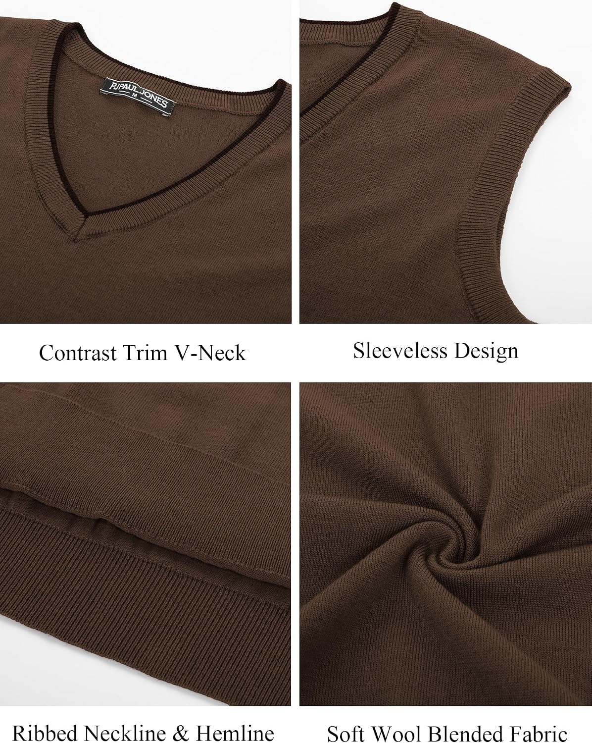 image:imagePJ PAUL JONES Mens Sweater Vest Wool Blended Knit Pullover Vests Casual Contrast Vneck Collar Ribbed Hem Regular Fit Sleeveless Merino Solid Color Soft Cozy Basic Versatile DurableCoffee