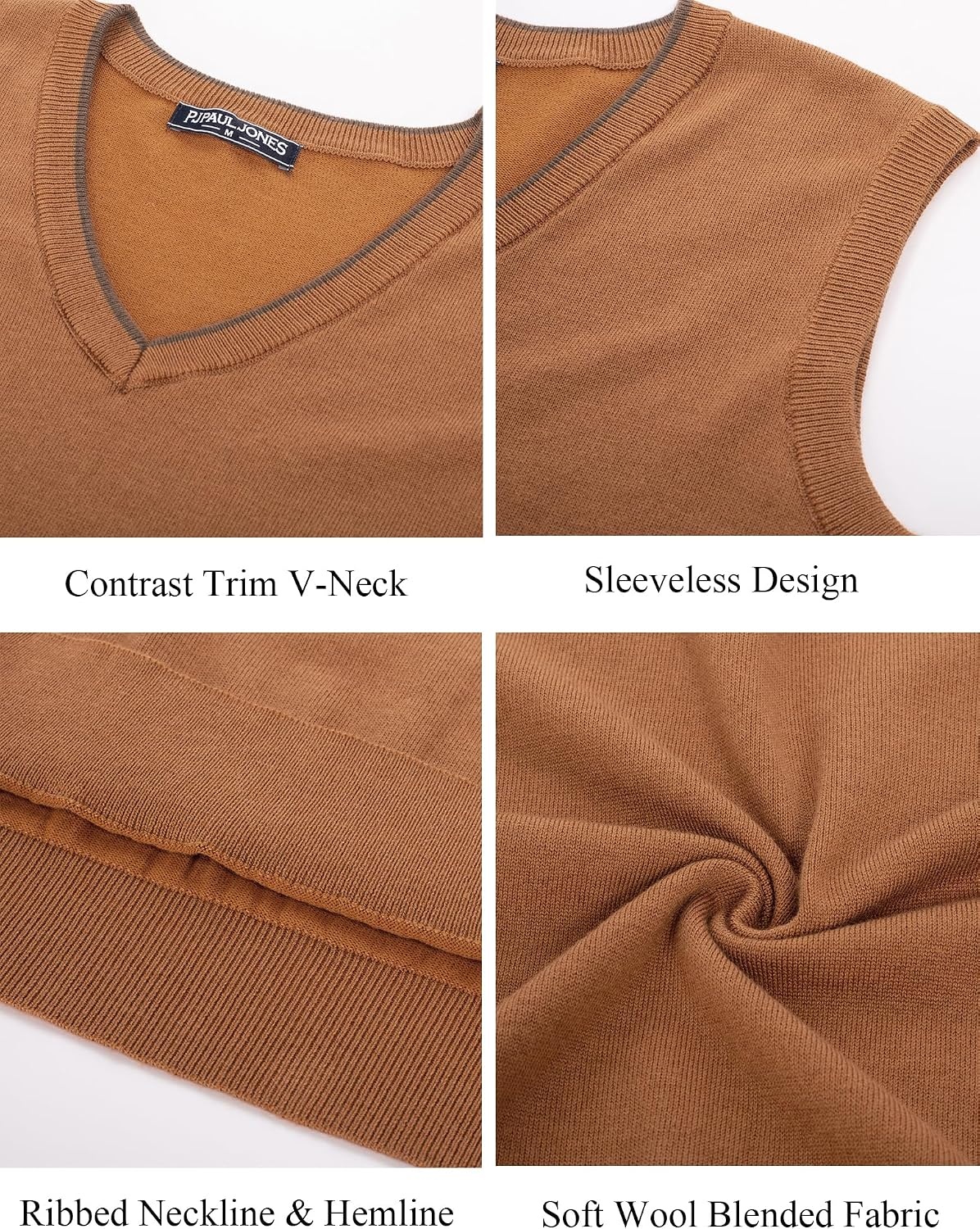 image:imagePJ PAUL JONES Mens Sweater Vest Wool Blended Knit Pullover Vests Casual Contrast Vneck Collar Ribbed Hem Regular Fit Sleeveless Merino Solid Color Soft Cozy Basic Versatile DurableBrown