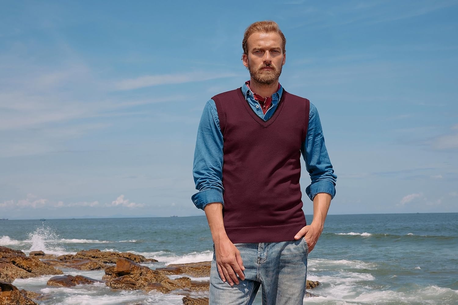 image:imagePJ PAUL JONES Mens Sweater Vest Wool Blended Knit Pullover Vests Casual Contrast Vneck Collar Ribbed Hem Regular Fit Sleeveless Merino Solid Color Soft Cozy Basic Versatile DurableBurgundy