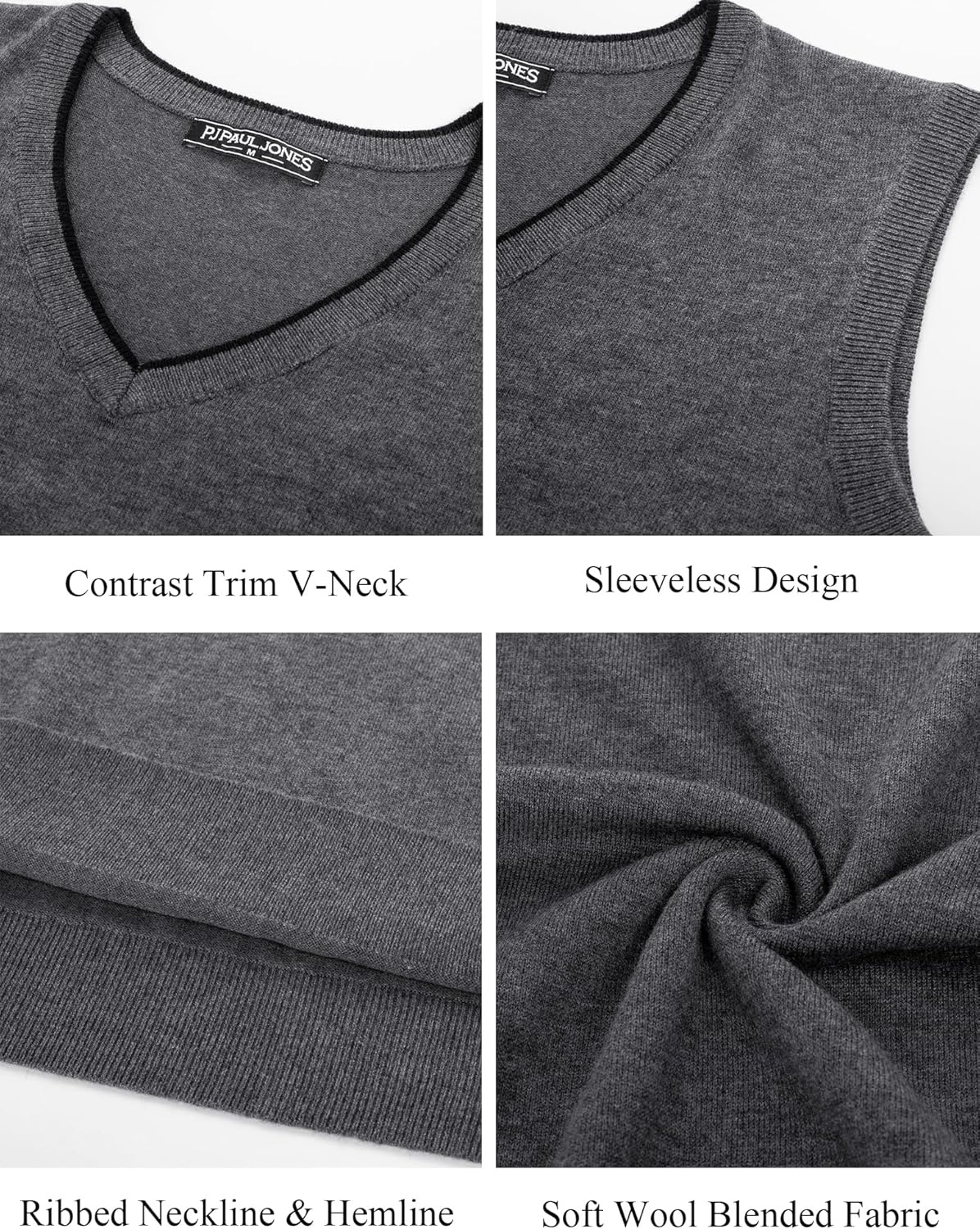 image:imagePJ PAUL JONES Mens Sweater Vest Wool Blended Knit Pullover Vests Casual Contrast Vneck Collar Ribbed Hem Regular Fit Sleeveless Merino Solid Color Soft Cozy Basic Versatile DurableDark Gray